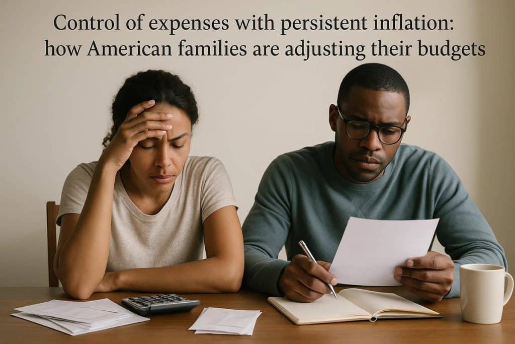 A couple sitting side by side at a wooden table, reviewing financial documents. The woman, with a worried expression, rests her head on one hand while looking down, while the man, wearing glasses, reads a paper attentively and holds a pen, with a notebook and a mug in front of him. The scene conveys concern about family expenses and budgeting.