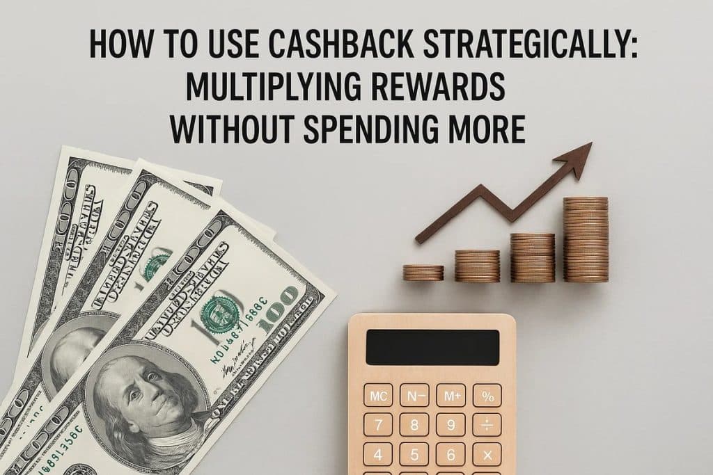 Imagem conceitual sobre finanças e cashback. Mostra três notas de 100 dólares à esquerda, uma calculadora bege ao centro e uma pilha crescente de moedas à direita, formando uma seta de crescimento para cima. No topo, o texto diz: “How to use cashback strategically: Multiplying rewards without spending more”.