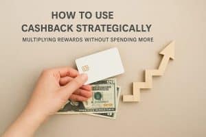 Mão segurando um cartão de crédito branco sobre algumas notas de dólar, ao lado de um gráfico em blocos de madeira em formato de escada com seta apontando para cima. Acima, o texto: “How to use cashback strategically: Multiplying rewards without spending more”.