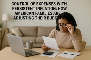 A woman sitting at a table in a living room, wearing glasses and carefully analyzing a sheet of paper. On the table, there is an open laptop, a gray mug, a calculator, and several bills. She looks concerned while managing household finances.
