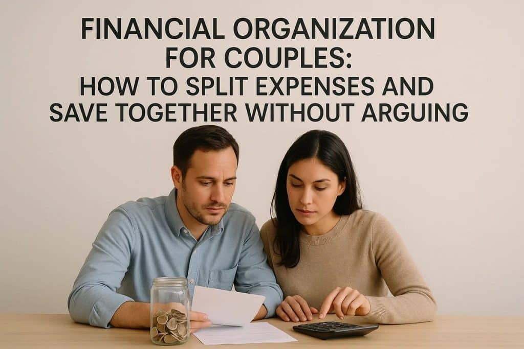 Casal sentado à mesa organizando suas finanças. O homem veste camisa azul clara e segura um papel, enquanto a mulher, de suéter bege, usa uma calculadora. Na mesa há um pote de vidro com moedas. Acima, o texto: “Financial organization for couples: how to split expenses and save together without arguing”.