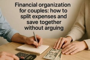 Close em duas pessoas organizando finanças. Uma delas escreve em um caderno com caneta prateada, enquanto a outra segura notas de dólar sobre a mesa. Há também uma calculadora. O texto acima diz: “Financial organization for couples: how to split expenses and save together without arguing”.