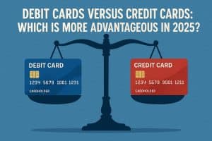 The image shows two payment cards, one debit and one credit, placed side by side on small wooden easels. Both cards have a minimalist dark blue design featuring a gold chip and a simple stick-figure illustration. The background is a soft, light gray, creating a clean and neutral atmosphere. The composition visually highlights the comparison between debit cards and credit cards, with a professional and understated aesthetic.