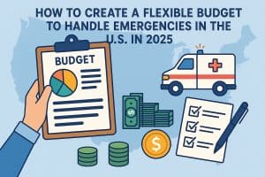 Illustration showing financial planning for emergencies. A hand holds a clipboard labeled ‘Budget’ with a pie chart, surrounded by icons of an ambulance, dollar bills, coins, and a checklist. The title above reads ‘How to Create a Flexible Budget to Handle Emergencies in the U.S. in 2025.’ The background displays a light map of the United States.