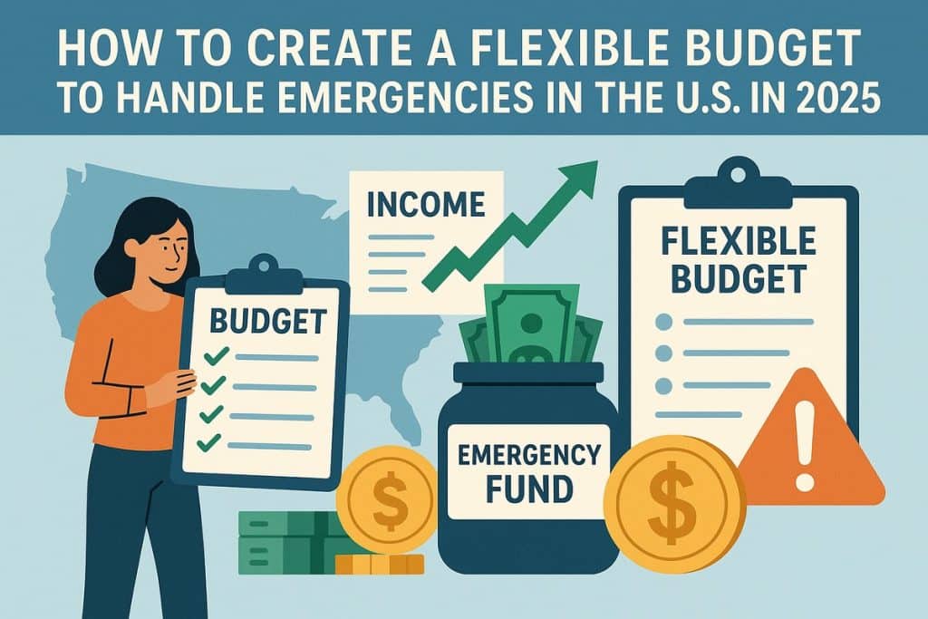 Illustration depicting financial preparedness. A woman stands holding a clipboard labeled ‘Budget’ with green checkmarks. Next to her are a jar labeled ‘Emergency Fund,’ dollar bills, coins, and another clipboard labeled ‘Flexible Budget.’ The title reads ‘How to Create a Flexible Budget to Handle Emergencies in the U.S. in 2025.’ The background includes a map of the United States.