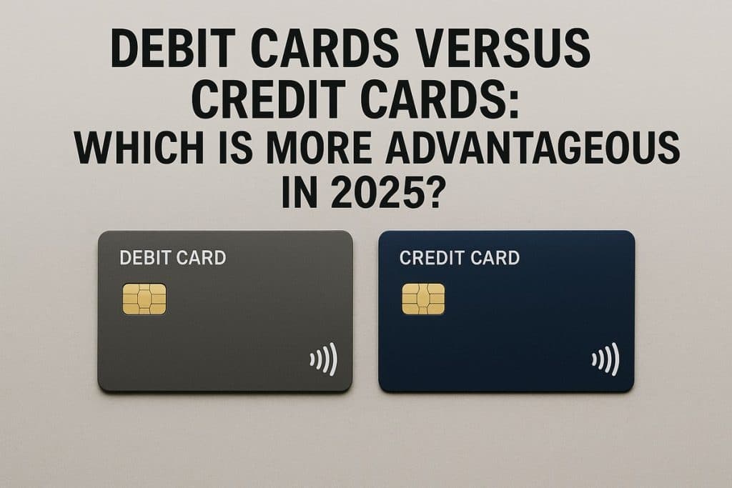 Two minimalist cards labeled Debit Card and Credit Card placed side by side on a neutral background. The title above reads ‘Debit Cards versus Credit Cards: Which is more advantageous in 2025?’ in bold black text.