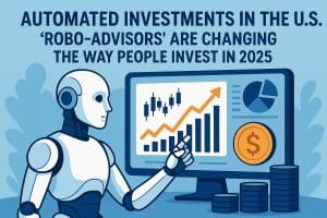 Illustration of a white and blue robot standing in front of a computer monitor displaying investment charts, including a rising line graph, bar chart, and pie chart. The robot points to the screen, symbolizing automation in financial analysis. The text reads: “Automated investments in the U.S. ‘robo-advisors’ are changing the way people invest in 2025.”