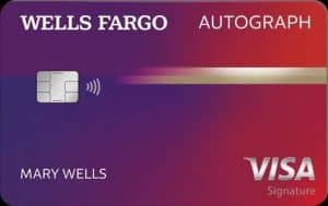 Image of the Wells Fargo Autograph Visa Signature credit card. The card features a gradient design from red to purple with the Wells Fargo and Autograph logos at the top. The Visa Signature logo appears in the bottom-right corner, and the name ‘Mary Wells’ is printed on the lower-left side.