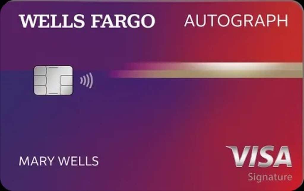 Close-up of the Wells Fargo Autograph Visa Signature credit card. The design shows a red-to-purple gradient background, the Wells Fargo and Autograph text near the top, a contactless chip on the left, and the cardholder name ‘Mary Wells’ displayed below.