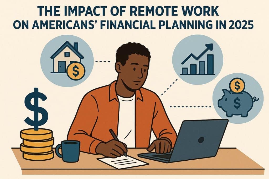 Illustration of a man with short dark hair sitting at a desk with a laptop, taking notes on paper. Around him are circular icons showing a house, a growing bar chart, and a piggy bank with a coin. A large dollar sign and stacked coins are placed beside him. The text above reads: “The impact of remote work on Americans’ financial planning in 2025.”