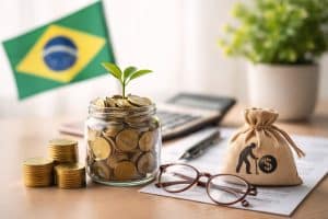 Mesa de trabalho com foco em planejamento financeiro e previdencia complementar no Brasil, mostrando um pote de vidro com moedas e uma muda verde simbolizando crescimento ao longo do tempo, pilhas de moedas ao lado, um pequeno saco de tecido representando poupança para aposentadoria, óculos e documentos financeiros, com a bandeira do Brasil desfocada ao fundo em um ambiente minimalista e bem iluminado.