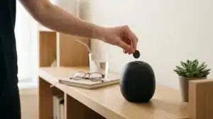 A close-up shot of a person's hand inserting a single silver coin into the top slot of a modern, rounded black piggy bank resting on a light wooden shelf unit.