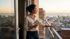 A young woman with dark curly hair tied in a loose bun stands on a balcony during warm golden hour light, smiling as she looks out over a coastal city. She wears a
