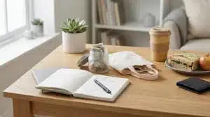 An open notebook on a wooden desk next to a coin jar, canvas tote bag, coffee cup, and sandwich.