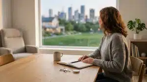 Woman sits at wooden table with notebook, looking out window at city skyline.