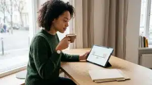 Woman with curly hair drinking coffee and looking at a tablet displaying a scale icon on a table.