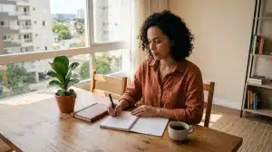 Woman with curly hair sitting at a wooden dining table writing in a spiral notebook.