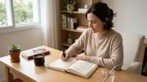 Woman writing in a notebook at a wooden table with coffee, water, and a potted plant.