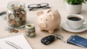 Jar of coins, piggy bank, rolled cash, car keys, credit cards, notebook, pen, coffee cup, glasses, and plant on table.