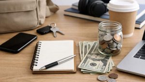 Notebook with pen, cash, coin jar, smartphone, keys, coffee cup, headphones, and laptop on wooden desk.