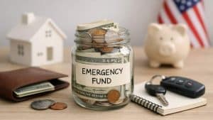 Glass jar labeled emergency fund filled with cash and coins on wooden table with house model and piggy bank.