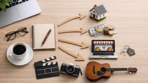 Wooden arrows pointing from coffee, glasses, notebook, camera, guitar to house, money, laptop, and keys on wood table.