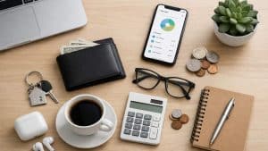 Laptop corner, black wallet with cash, smartphone with chart, glasses, calculator, coins, coffee, keys, earbuds, notebook, pen, and succulent plant.