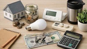 Miniature house, jar with coins, light bulb, thermostat, keys on cash, calculator, notebook, plant, and travel mug on wood table.