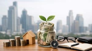 Stacked coins, wooden house, jar with money and plant, compass, glasses, notebook, and pen on table with city background.
