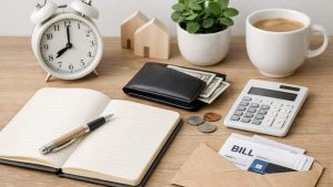 White alarm clock, open notebook with pen, wallet with cash, coins, plant, coffee cup, calculator, bills in envelope on wood table.