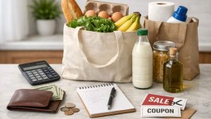 Reusable grocery bags with food, calculator, wallet with cash, notebook, pen, and sale coupons on table
