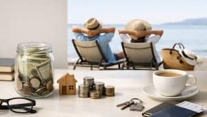 Jar with money, wooden house, coins, keys, coffee cup, glasses on table, couple relaxing on beach chairs by sea