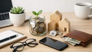 Wooden table with coins jar, wooden house models, keys, wallet with cash, phone, glasses, notebook, pen, plant, and coffee cup.